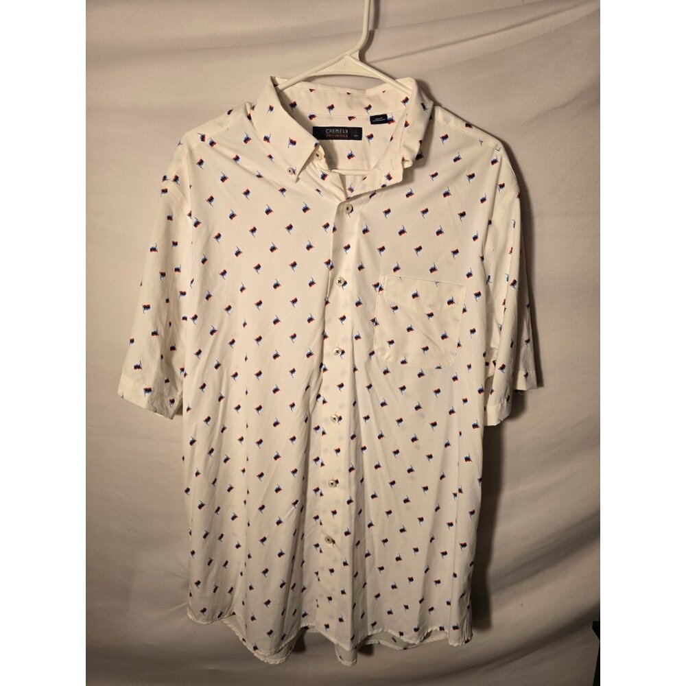 Men’s White Red Blue Casual Shirt Large Cremieux Flag July 4th Short Sleeve